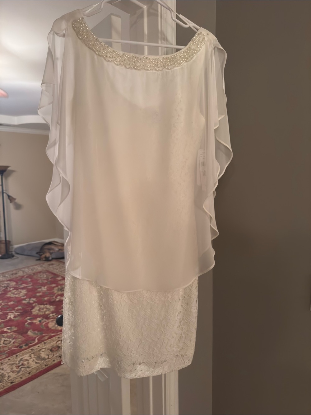 Studio 17 White Beaded Neckline Chiffon Overlay Mini Dress